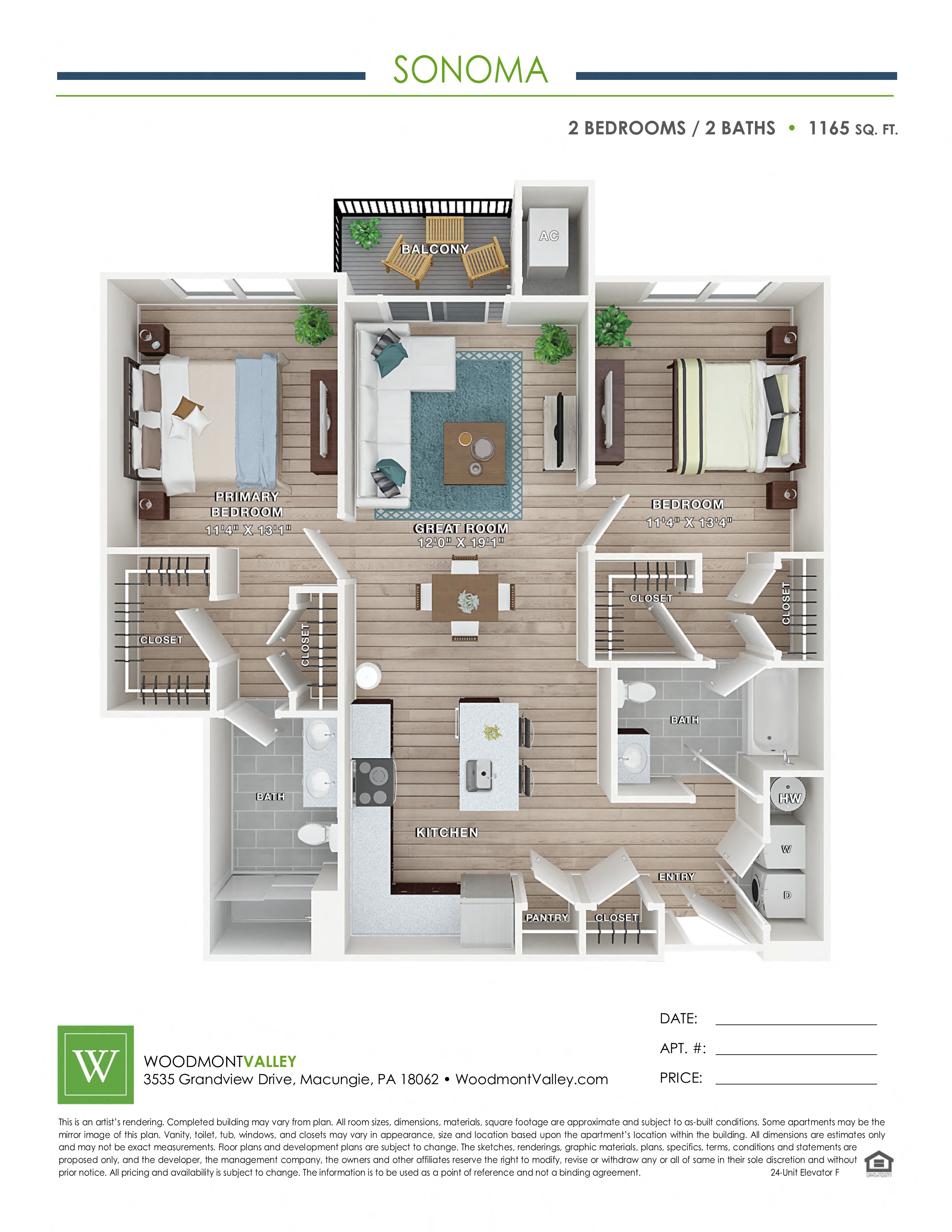 Floor plan for 2 beds, 2 baths, 1165 sqft